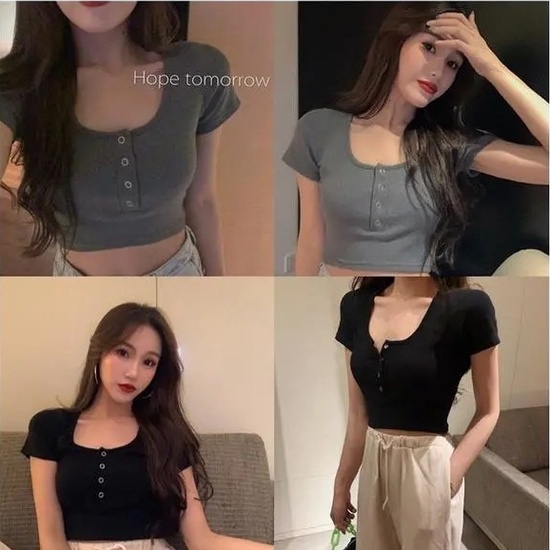 BAJU ATASAN CROP TOP WANITA POLOS U-NECK KANCING DEPAN CUTE KOREAN T-SHIRT KAOS BASIC SIMPEL COTTON 