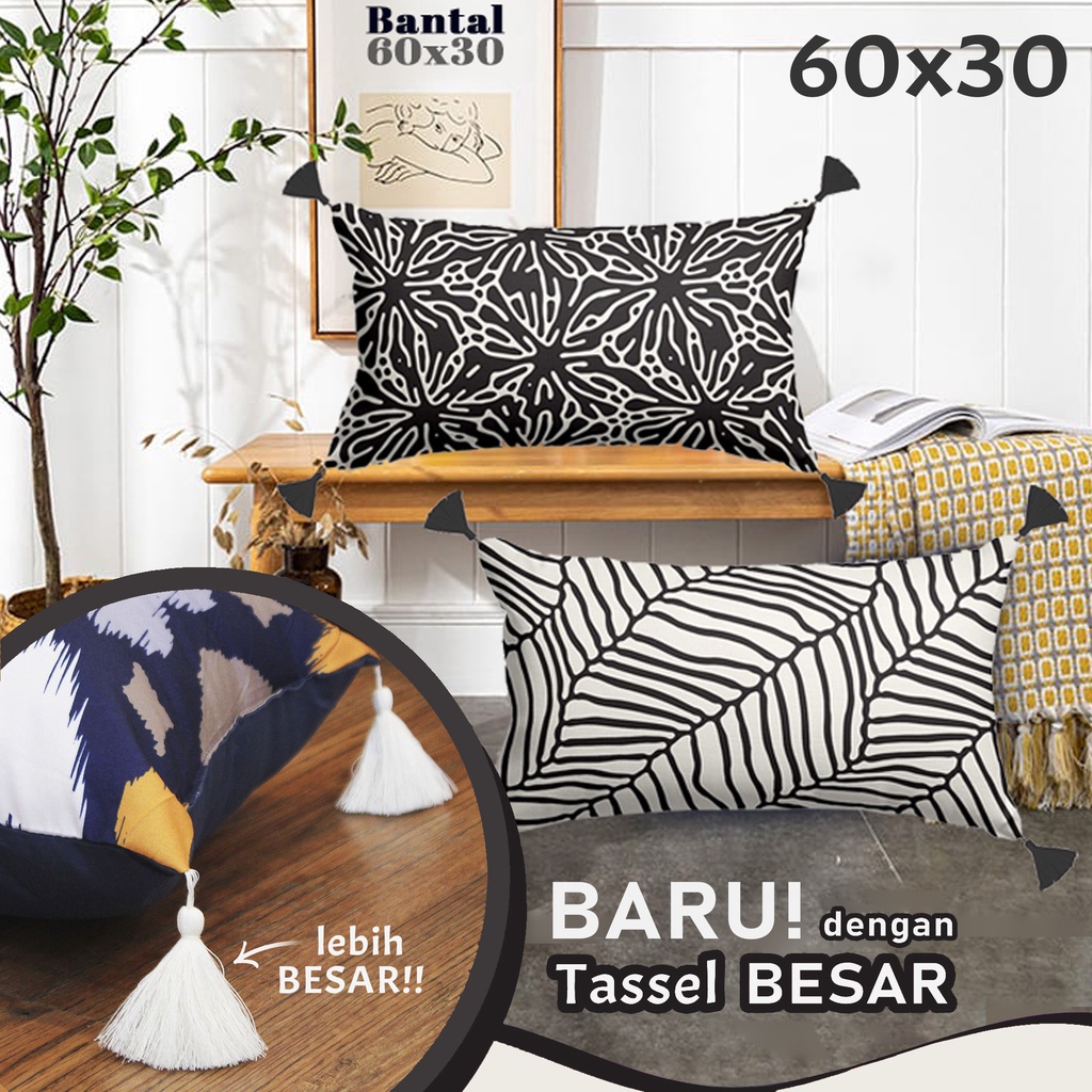 BANTAL SOFA 60X30 DENGAN TASSEL GANTUNG BLACK AND WHITE / HITAM PUTIH / MONOKROM / MONOCHROME