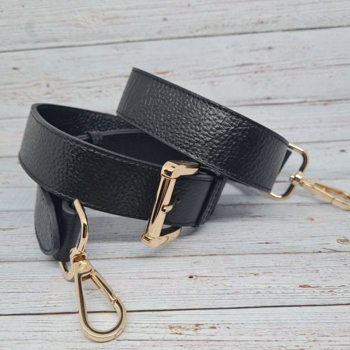 Andrea Black Grained Leather adjustable series bag strap / tali tas kulit lebar