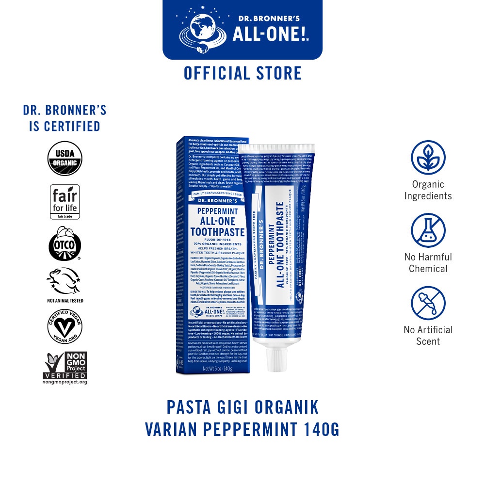 Dr. Bronner's Pasta Gigi Organik varian Peppermint 140g