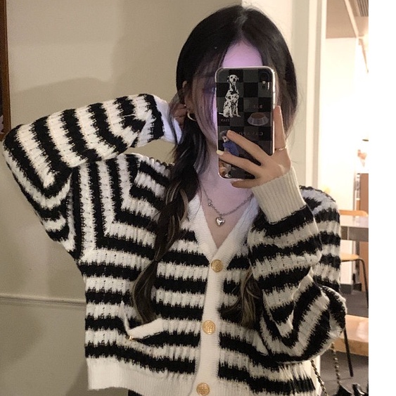 Cardigan Wanita Outer Rajut Stripe Korean Style Lengan Panjang Cardigan Kancing