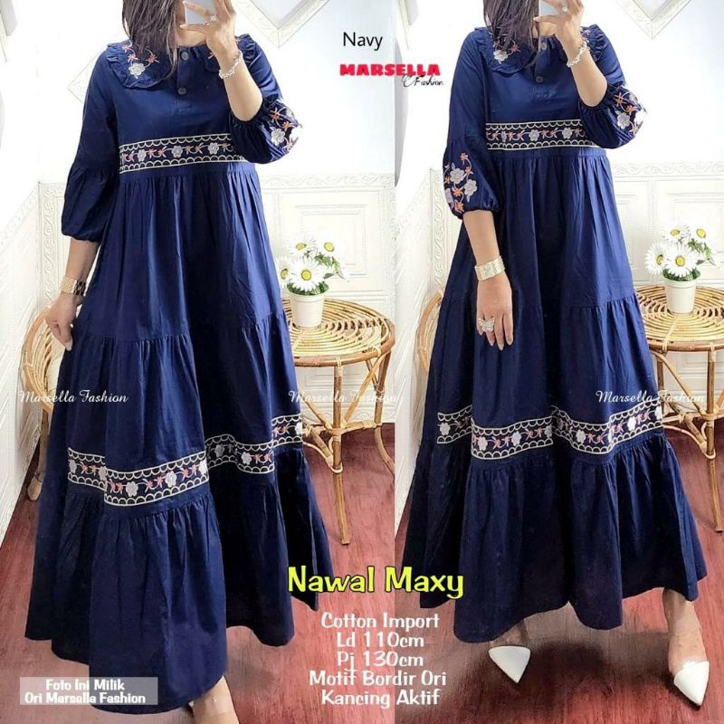 Nawal maxy maxi dress gamis bahan katun aplikasi bordir ori