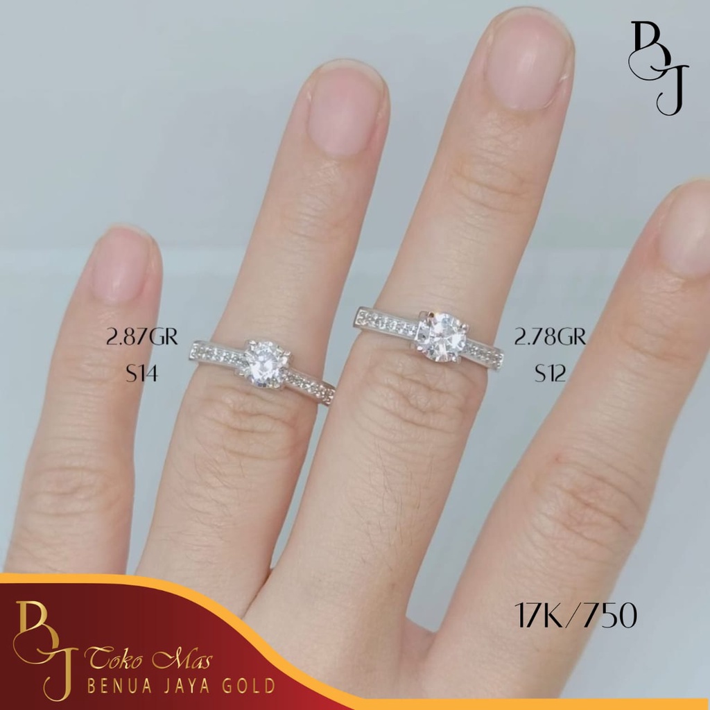 Cincin Solitaire Diamond Look Emas Putih 17K/750