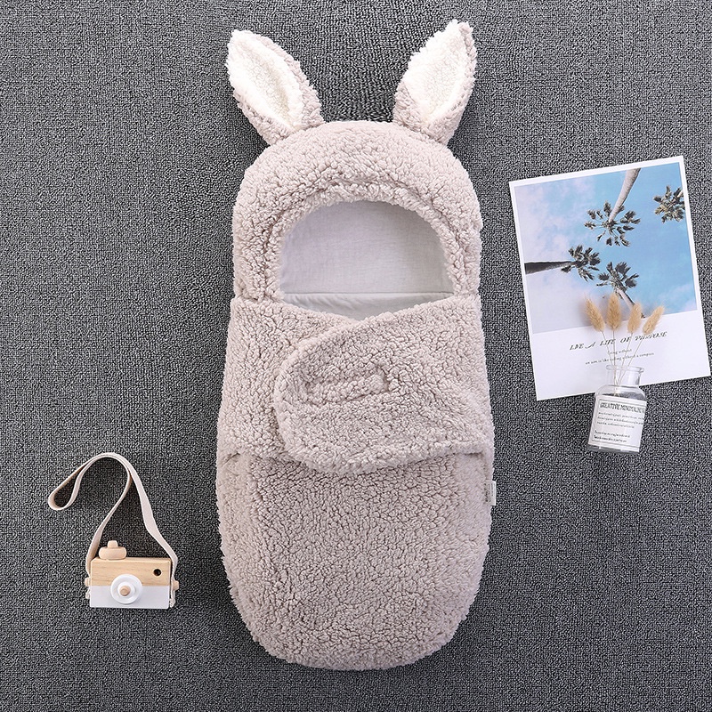 Selimut Bedong Bayi Praktis Lucu 0-1 Tahun Bahan Bulu Domba Motif Kelinci