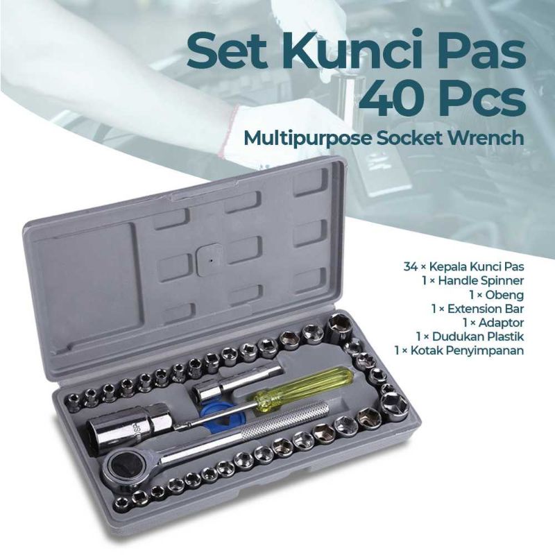 Aiwa Kunci Pas 40 Pcs Multipurpose Combination Socket Wrench Set with 1/4 Ratchet Handle