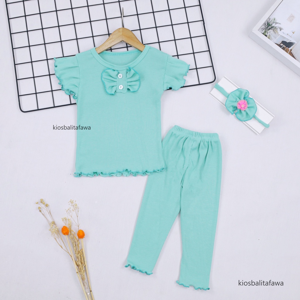 (KNIT) Setelan Cotton Rib uk 3-18 Bulan / GRATIS BANDANA Set Legging Perempuan Baju Anak Cewek Celana Panjang Polos Katun Rib Import Babycinnamon