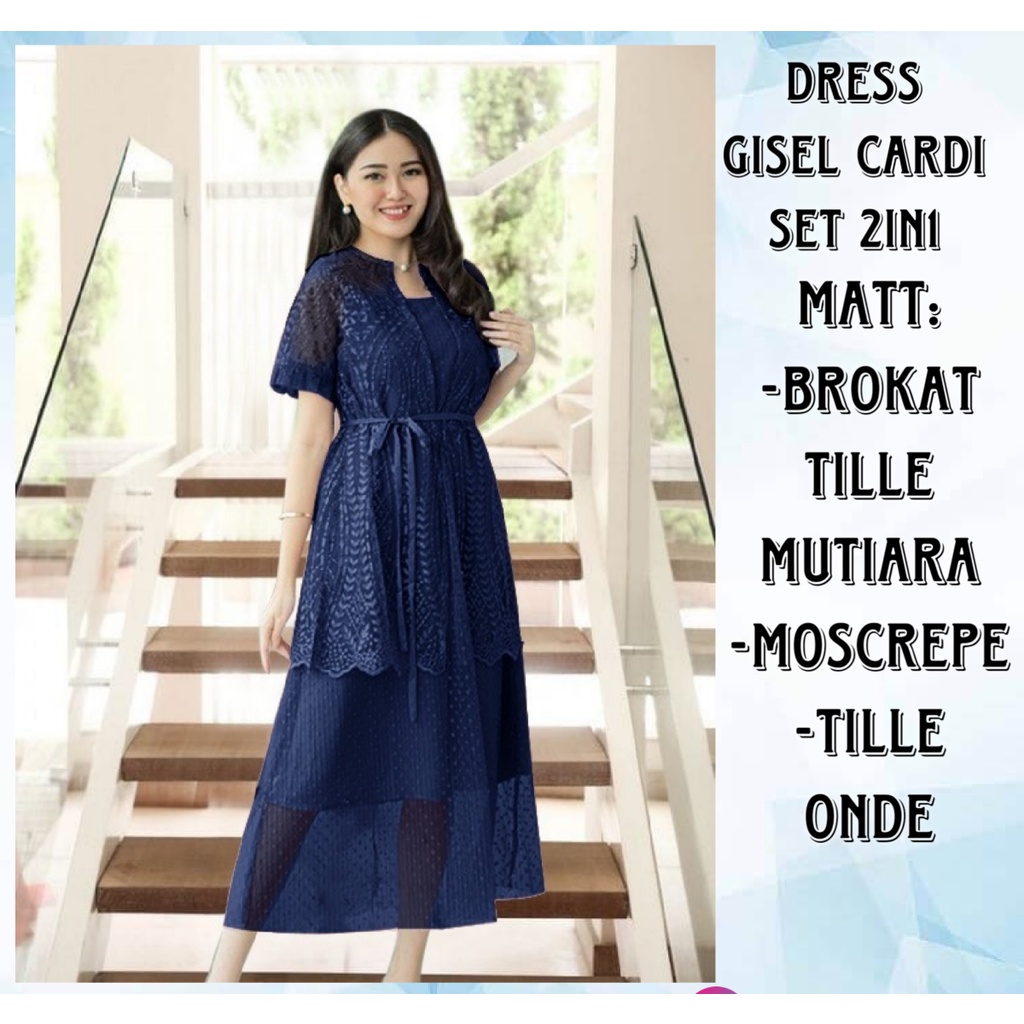 Dress Wanita Terbaru Casual Midi Brokat Tille Mutiara Terbaru/Dress Gisel Cardi Set 2in1 Size L dan XL Matt Tille Mutiara Mix Moscrepe/Dress Gricia Cardi 2in1/Good Quality