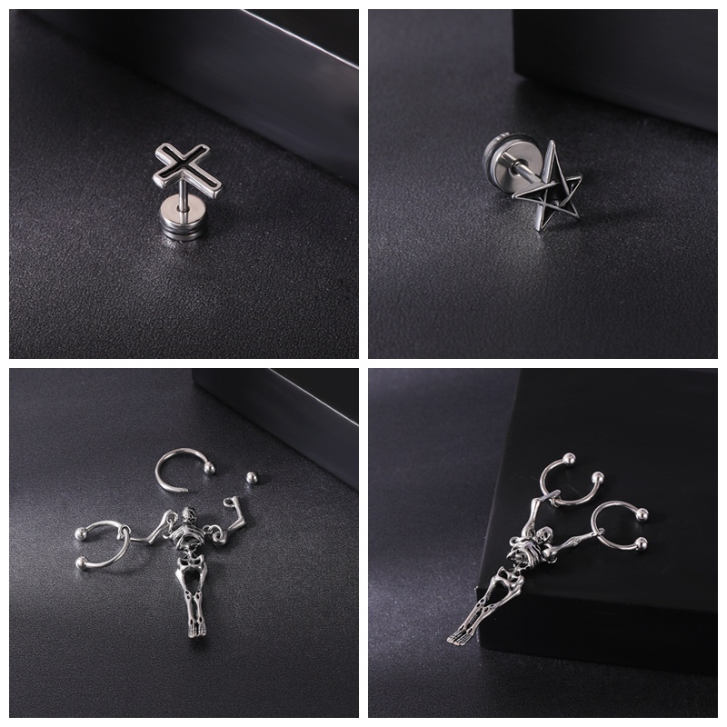 1 PC Anting Stud Desain Tengkorak Salib Bahan Stainless Steel Gaya Punk Korea