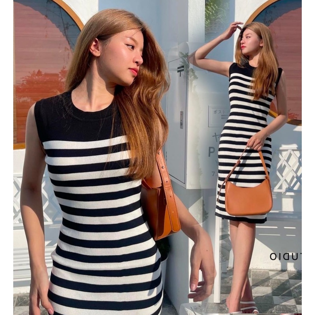 Dress Voiko - Dress Rajut Wanita - Midi Dress Terbaru - Stripe Dress - Pakaian Perempuan