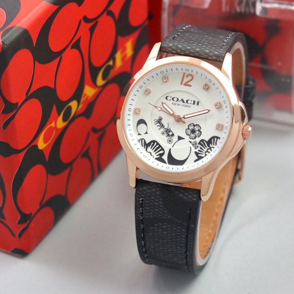 COD Jam Tangan Wanita Coach-0116 Tali Kulit Plat Putih Tanggal Aktif Box Exclusive
