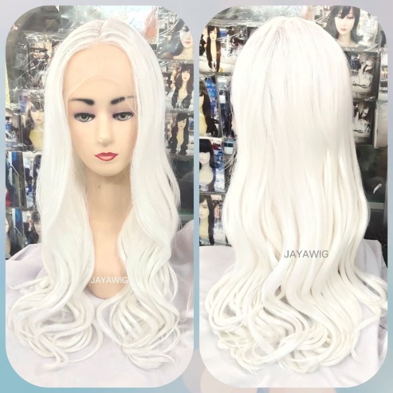 Wig Curly Panjang Warna Putih Rambut Palsu Wanita Belahan Tengah