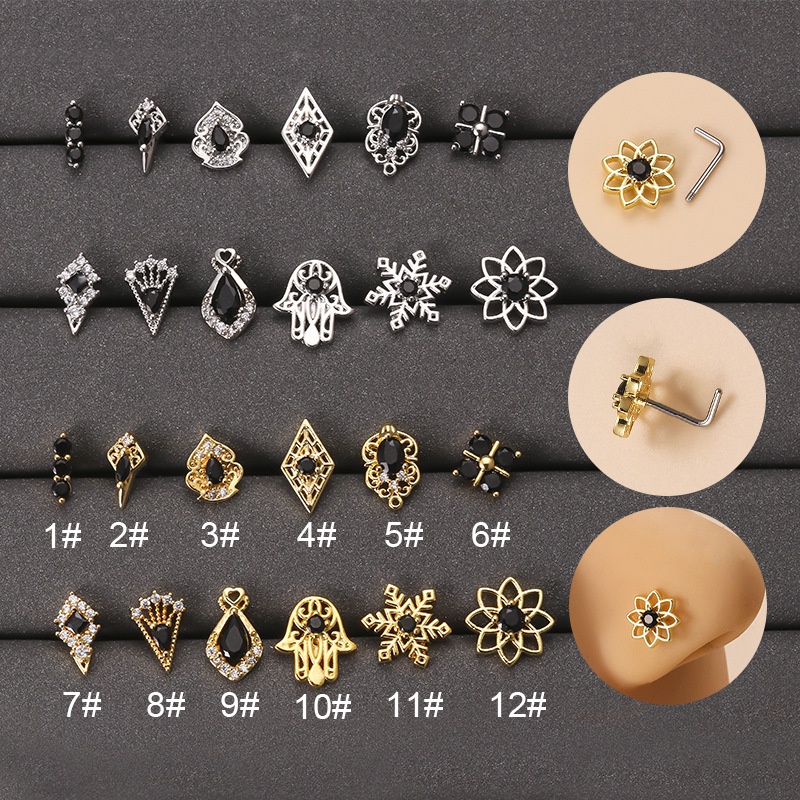 1pc Anting Tindik Hidung Bentuk L Desain Snowflake 20Gauge Bahan Stainless Steel Hias Zircon Hitam