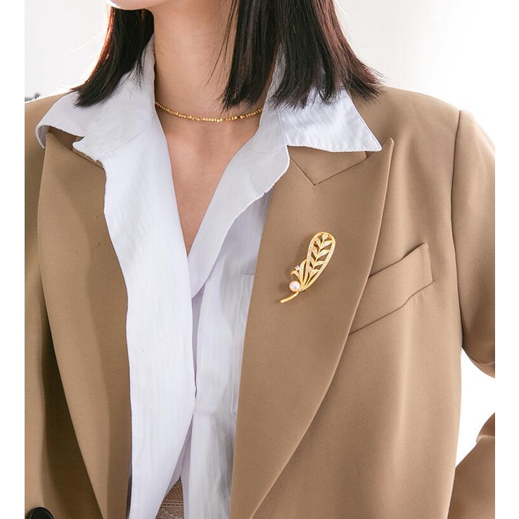 Bros Bentuk Bulu Aksen Mutiara Dan Berlian Imitasi Untuk Wanita