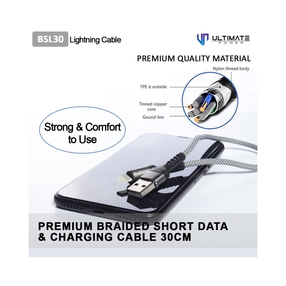 Kabel Power Bank IOS Lightning 30CM Ultimate Power Premium Braided Original