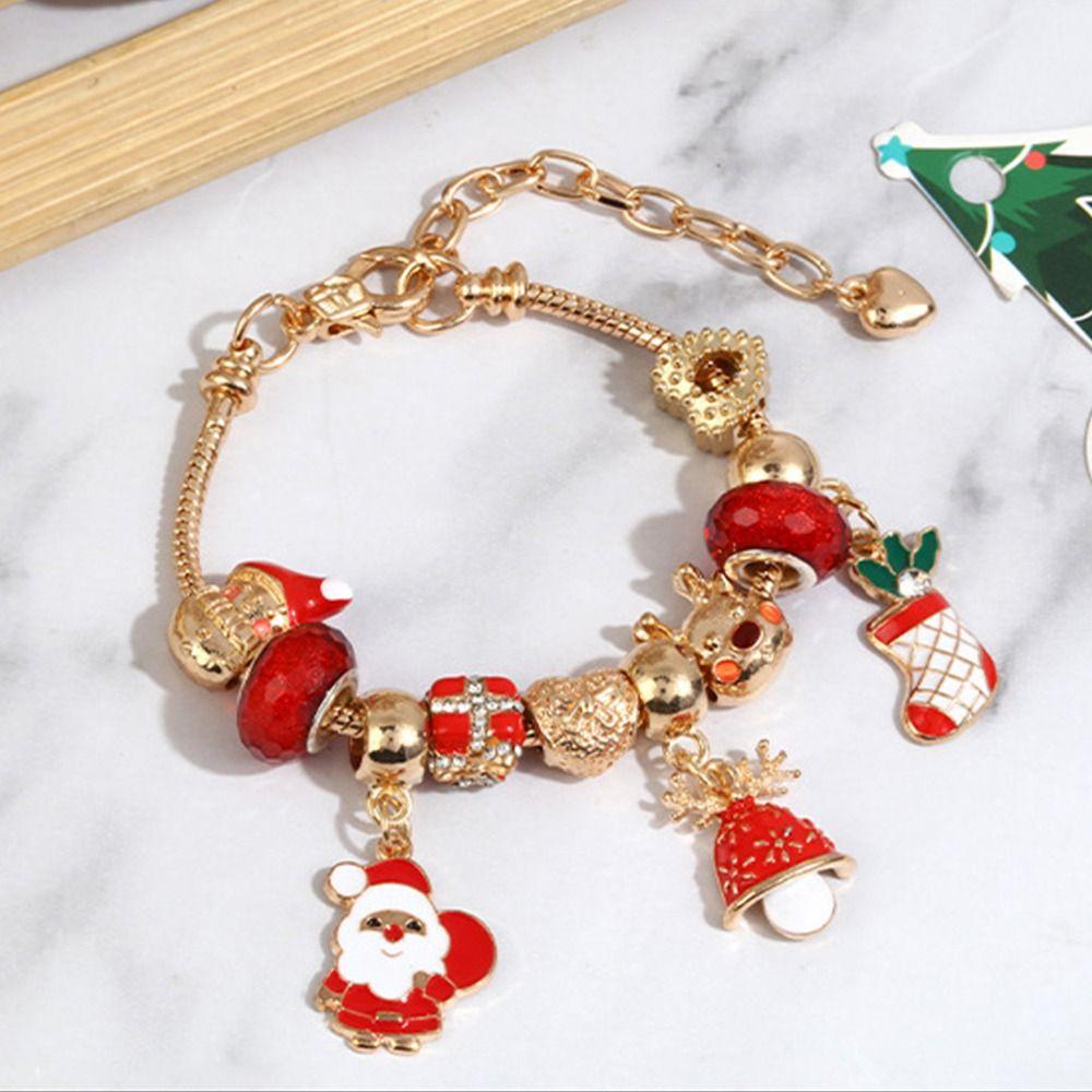 Needway   Gelang Natal Manis Unik Mewah Merek Gadis Hadiah Santa Claus Elk Charms Rantai Tulang Ular Manik-Manik Perhiasan