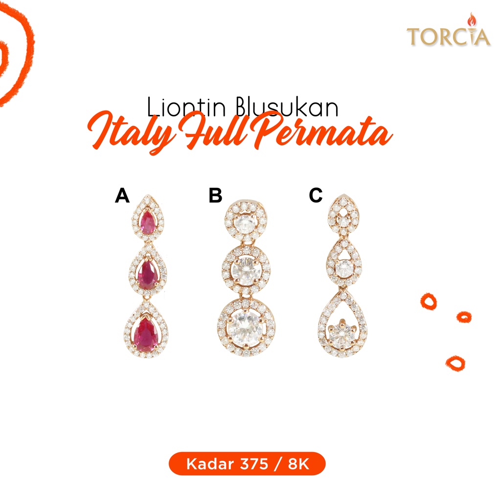 Liontin Blusukan Emas Asli Italy Full Permata Putih Merah Kadar 375 Torcia