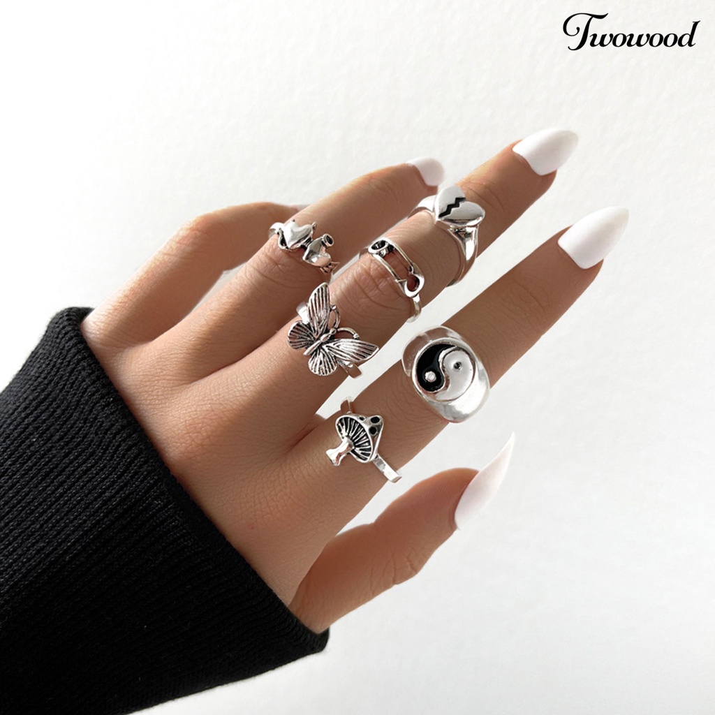 6pcs / Set Cincin Desain Kupu-Kupu Bahan Alloy Gaya Retro Stackable Untuk Aksesoris Perhiasan