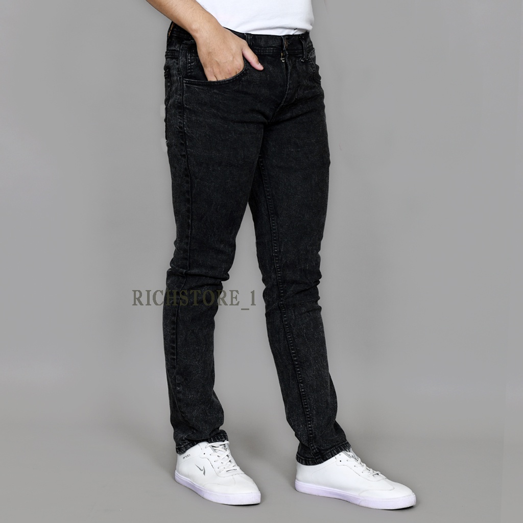 RICHSTORE_1 CELANA PANJANG JEANS PRIA BLACK SANDWASH SNOW ACID SIZE 27-36