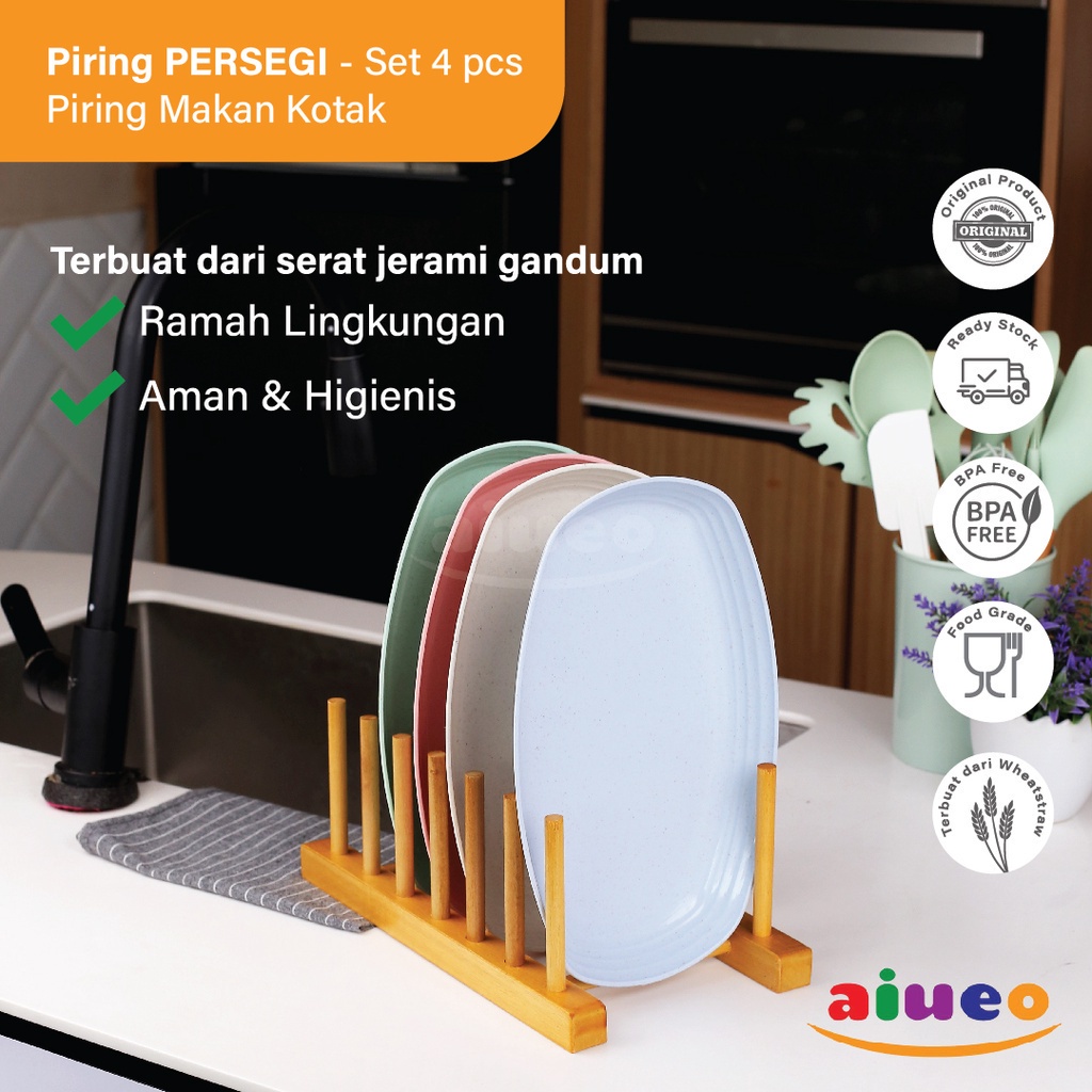 AIUEO Set 4 pcs Piring Makan Kotak Kue Cemilan 29.5cm Wheat Straw Square Plate Warna Warni Aesthetic Estetik Plastik | piring Saji | Piring Oval | Pirirng Kue