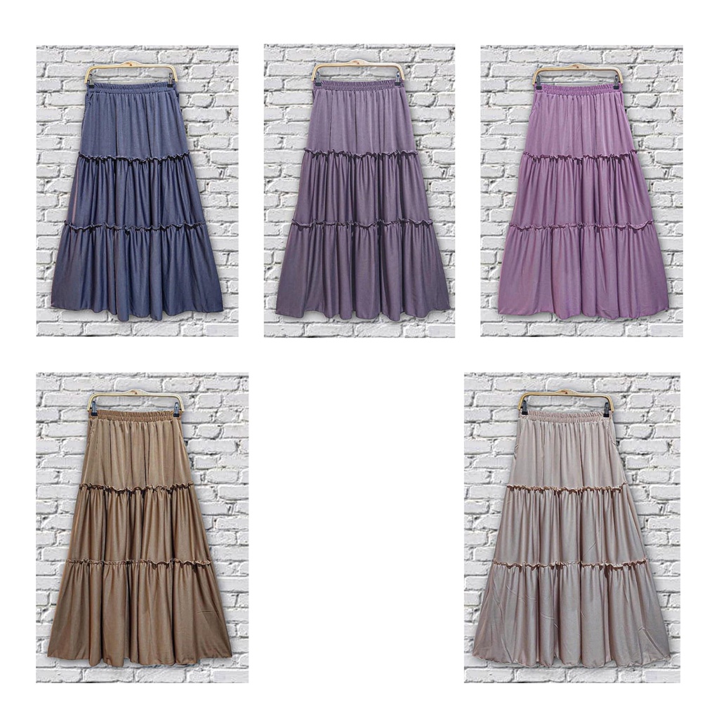 Rok Ruffle Skirt 3 Susun + Kantong ( Kiri &amp; kanan ) / Rok Panjang Beraksen Kerutan 3 susun / Rok Canda 3 Susun