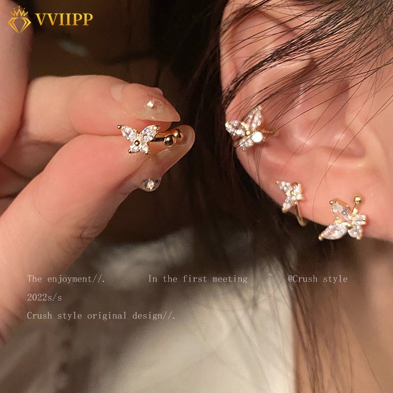 Anting Klip Desain Kupu-Kupu Kristal Warna Emas Gaya Korea Untuk Wanita