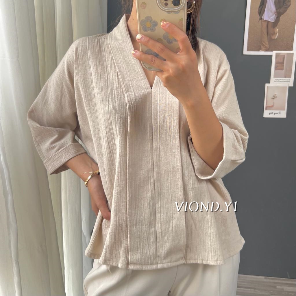 Blouse Korea V Neck Casual / Blouse Wanita Kringkel Linen E12