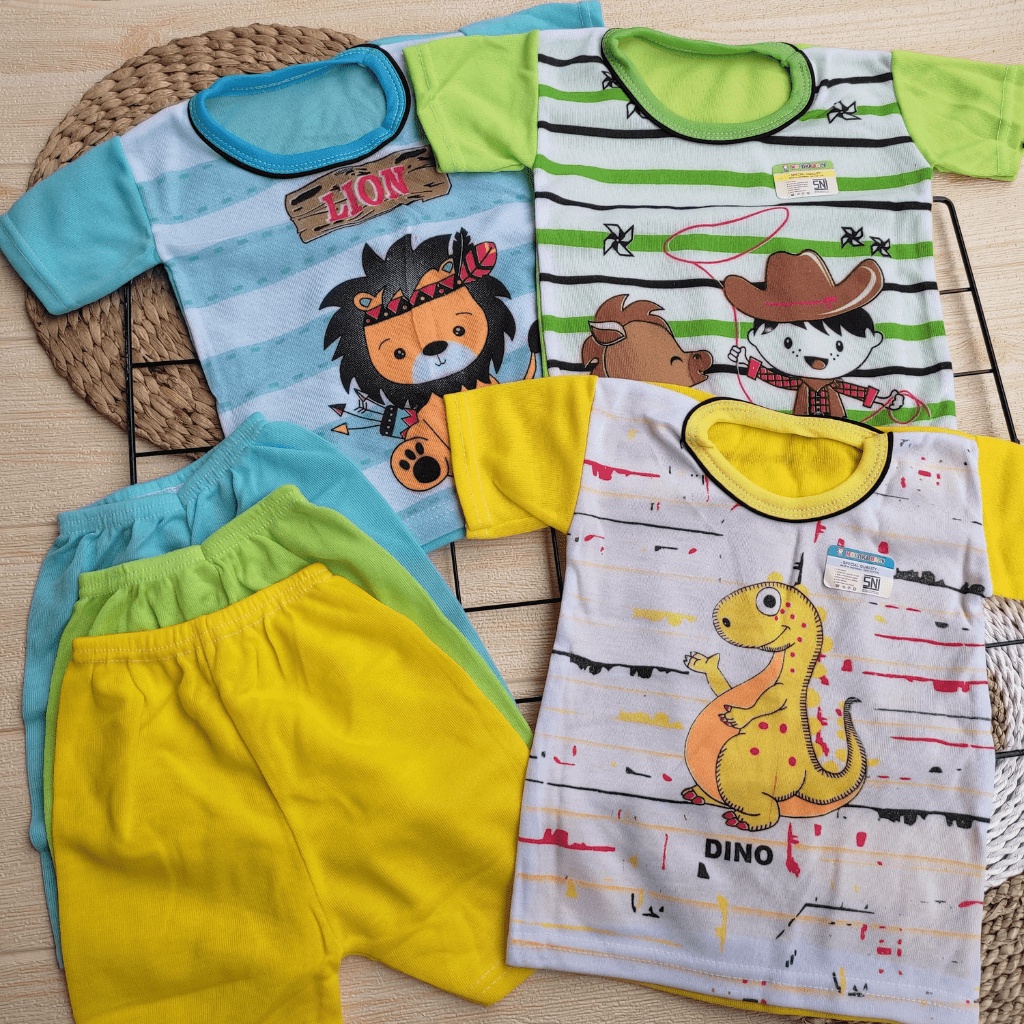 3 Setelan Baju Bayi Oblong Pendek SNI 0-12 Bulan 3 Motif Berbeda Motif Original Meyriana Collection