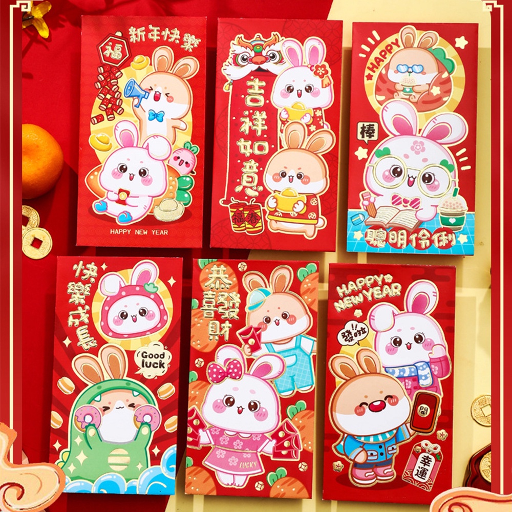 6pcs Amplop Angpao Tahun Baru Cina / Imlek Desain Kartun Kelinci Warna Merah Tipe 3 / 2023