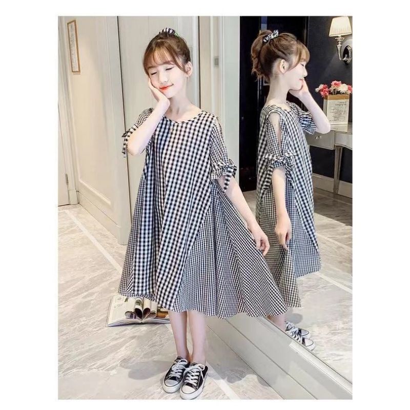 Dress Anak Cewek Korea Lengan Pendek Setelan Dress Tunik Balita Perempuan Motif Kotak Kotak Bisa Unt