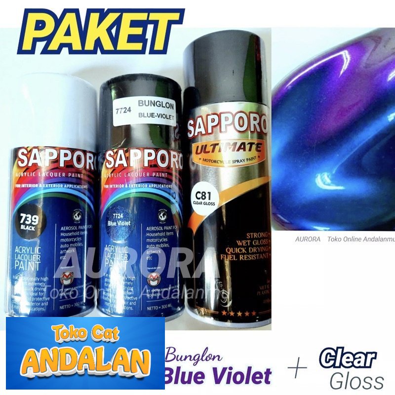 

PAKET SAPPORO BUNGLON 7724 BLUE VIOLET + 739 BLACK + C81 CLEAR GLOSS sappro pilok pilox pylox cat semprot motor mobil sepeda