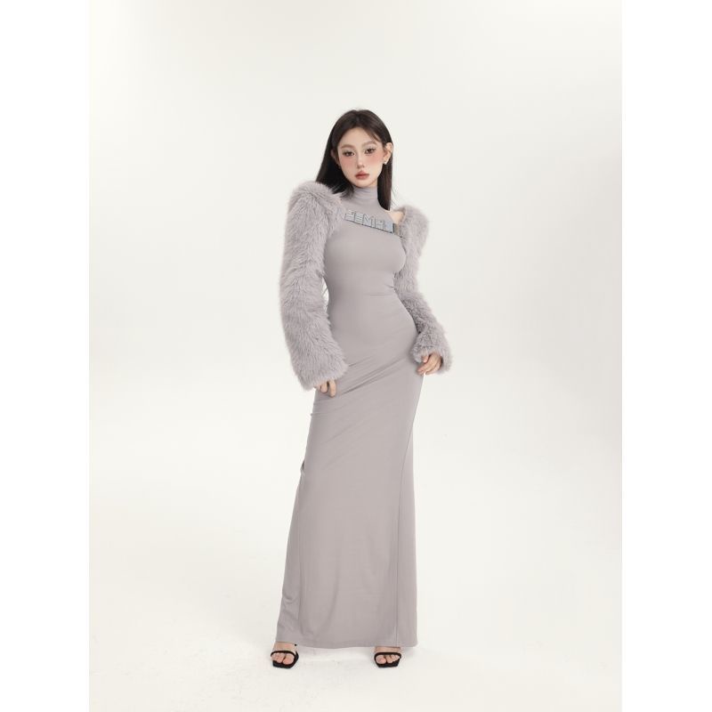 Suhao musim gugur dan musim dingin baru mewah faux fur short blouse coat sexy menggantung leher tas pinggul dress rok hot girl setelan perempuan