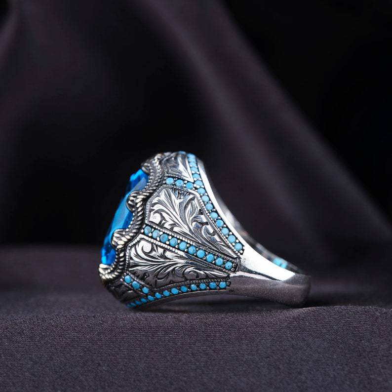 Gaya Vintage Batu Biru Zirkon Pria Punk Fashion Perhiasan Aksesoris Perak Baja Titanium Jari Rings