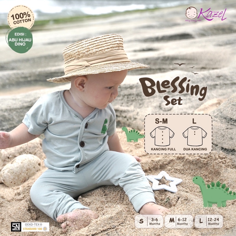 Kazel Blessing Set Setelan Pendek Celana Panjang Kancing Tengah Unisex