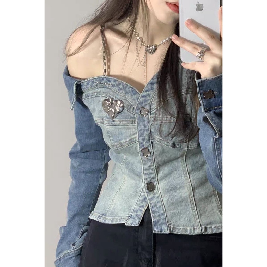 Suhao Off-The-Shoulder Rantai Kemeja Denim Wanita Musim Gugur 2022 Desain Baru Rasa Niche Hot Girls Slim pendek Biru Muda Top