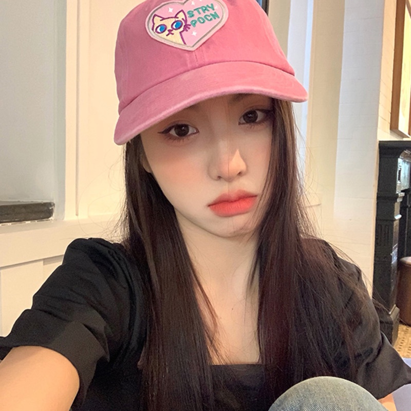 Topi Baseball Motif Bordir Hati Warna Pink Gaya Kasual