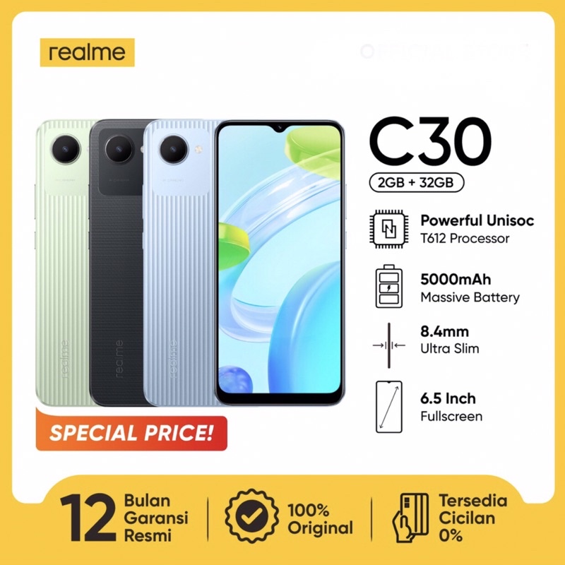 Realme C30 [2GB+32GB - 4GB+64GB] Unisoc Tiger T612 | 8MP Single | 6.5&quot; IPS LCD | Li-Po 5000mAh | Garansi Resmi Realme 1 Tahun