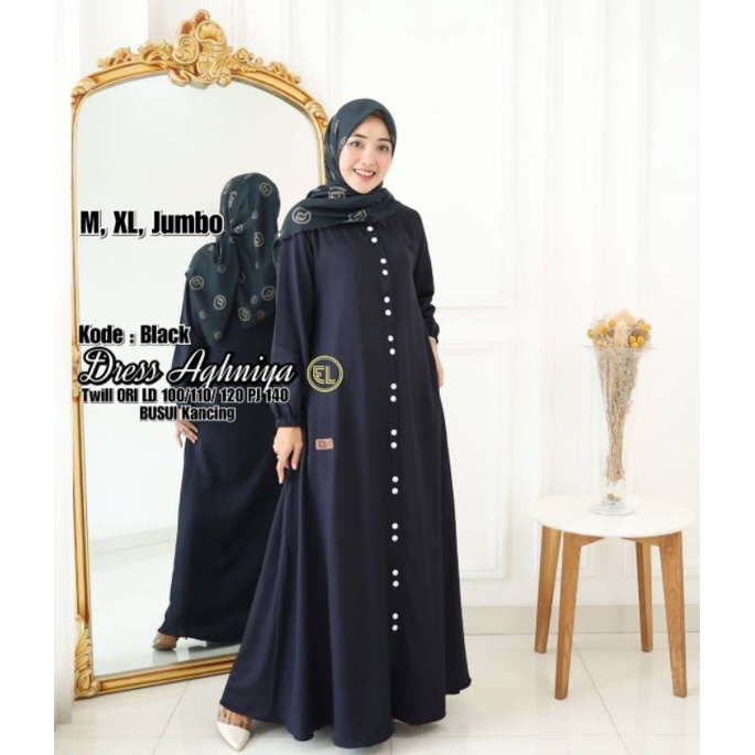 Gamis Daster Twill Elzhaf polos Aghniya Dress Hitam