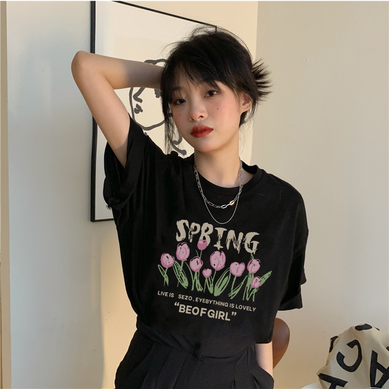Print T-shirt Kaos Lengan Pendek Wanita Tulip Oversize Korean Style