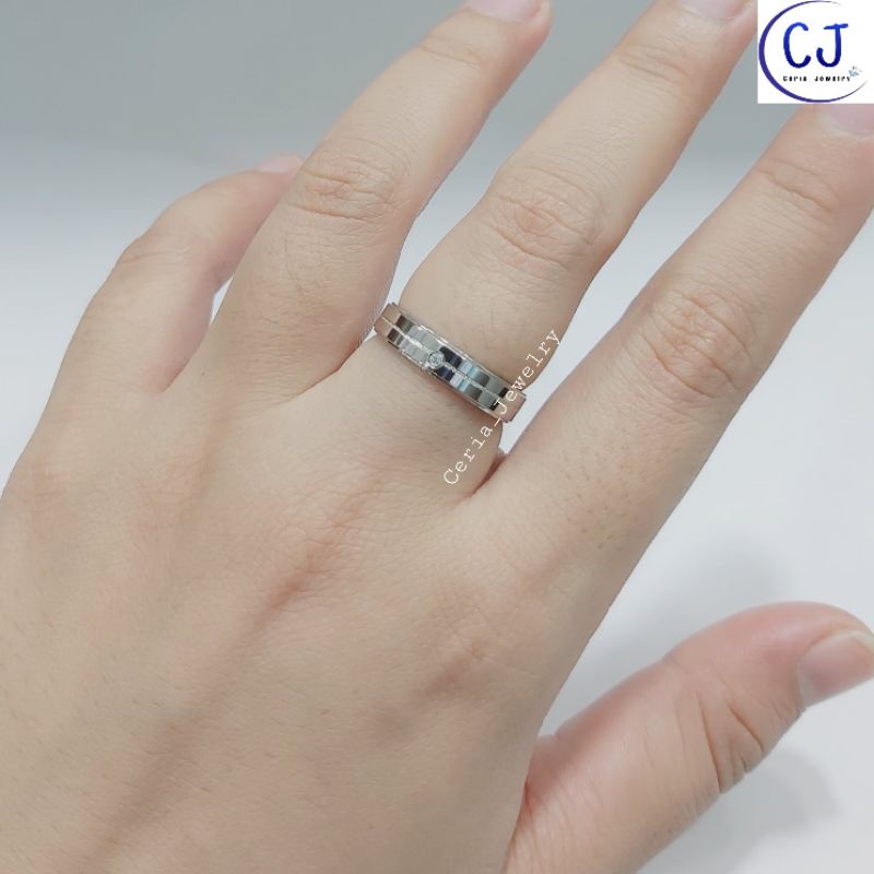 Cincin Perak Asli Pria Wanita Silver 925 Lapis Emas Putih Model Ring Polos Variasi Garis tengah Permata - Perhiasan Perak Pria Wanita Cincin Pasangan