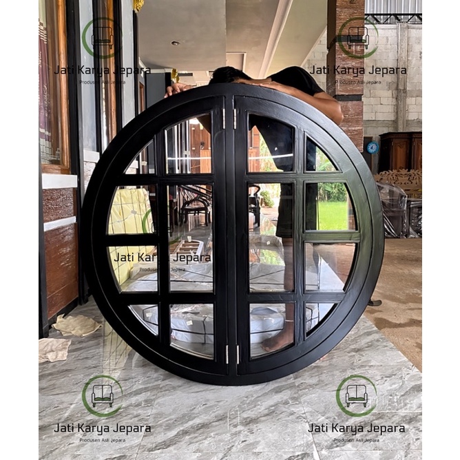 Kusen Jendela Bundar 130cm 12x6cm Kayu Jati Solid Type Buka Pintu 2 Black Free Ongkir Jawa & Bali ( 