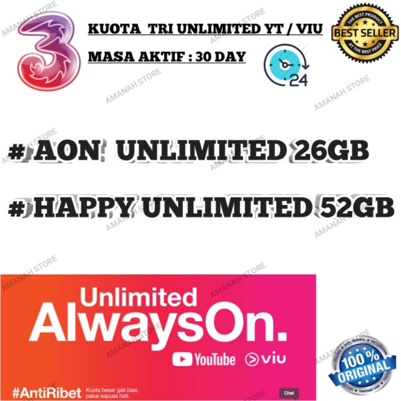 KUOTA TRI / PAKET DATA TRI UNLIMITED / UNLIMITED 26GB / UNLIMITED 52GB