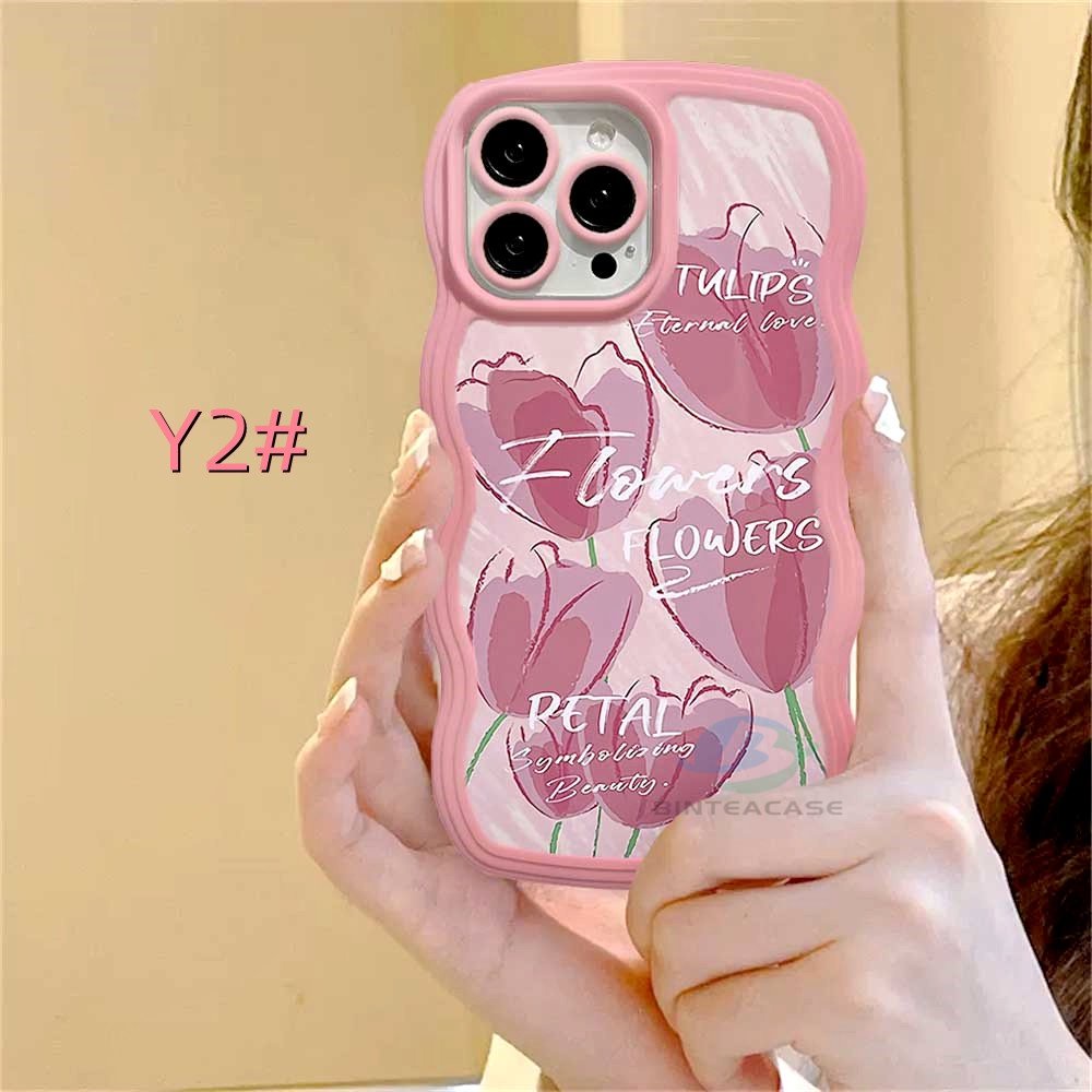 Oppo A17 A77S A57 2022 A15 A16 A16K A54 A53 A12 A5S A7 A3S A11k A31 A52 A92 A94 A93 A37 F9 A1K A76 Pink Hati Tulip Tepi Melengkung Casing Handphone TPU Binteacase