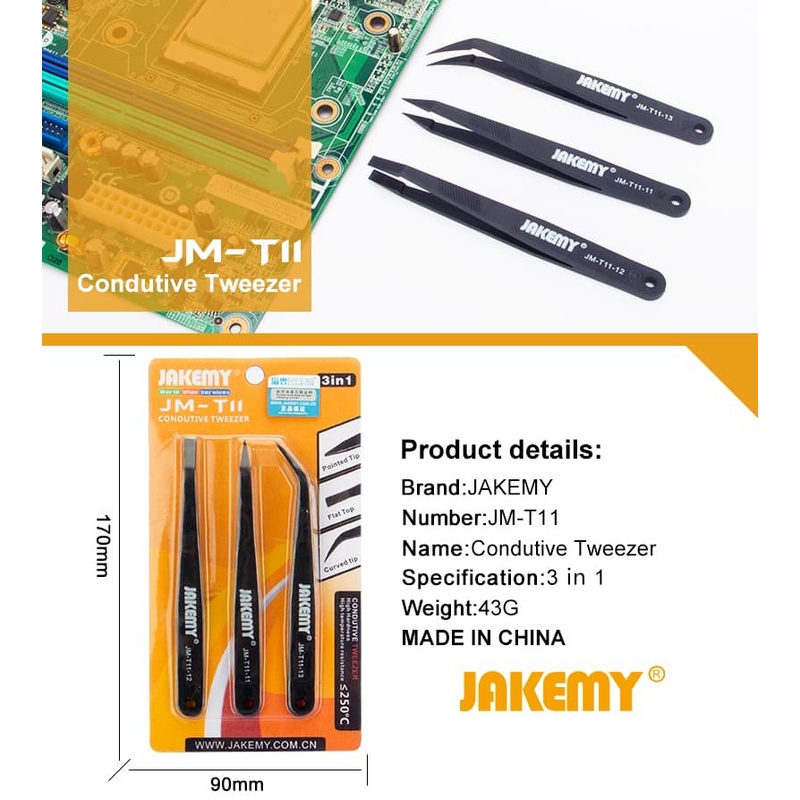Jakemy JM-T11 3 in 1 Anti-static Pinset Tweezers Kit Repair Tool