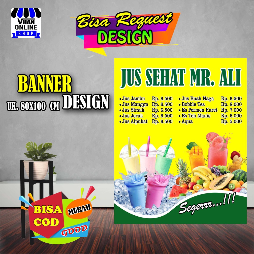 Spanduk Banner Backdrop Jualan Jus, Aneka Juice Buah, Boba Ukuran Sedang Murah