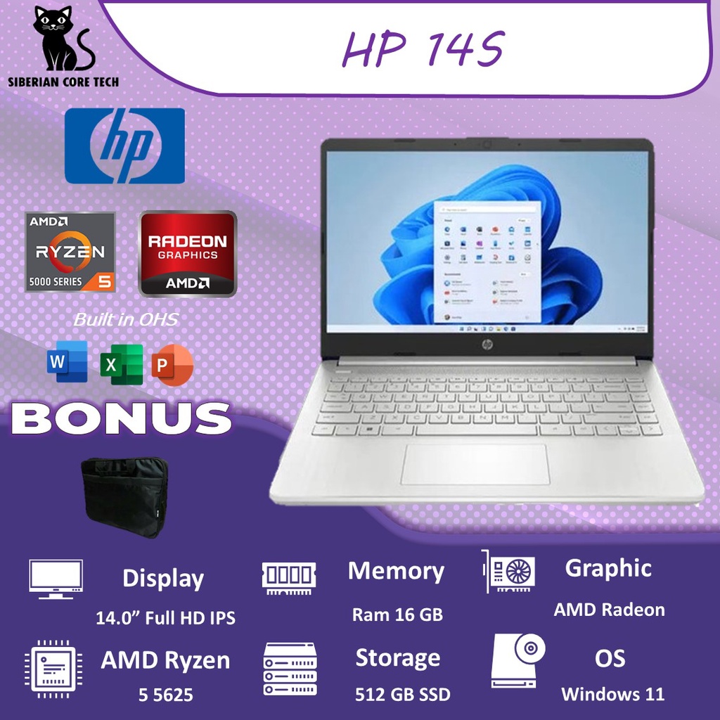 HP 14s FQ2002AU RYZEN 5 5652 16GB 512GB SSD VEGA7 W11+OHS 14.0FHD IPS BLIT GARANSI 2th