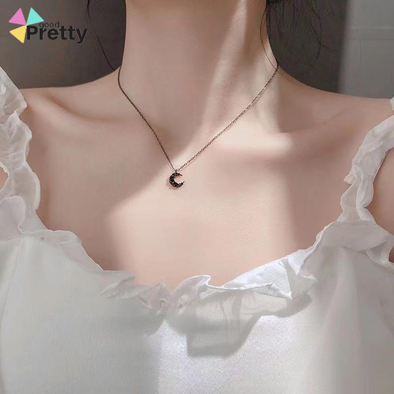 Kalung Liontin Korea Bulan Berlian Hitam Kalung  Rantai Tulang Selangka Untuk Wanita - PD