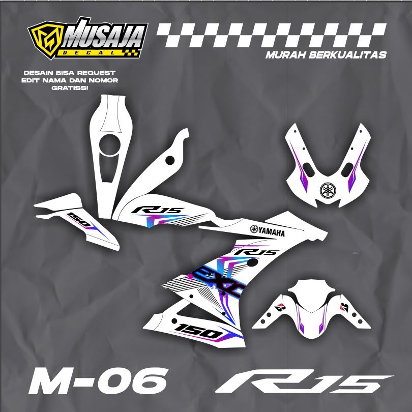 Decal stiker yamaha yzf R15 v3 full body motif putih exciter - decal R15 V3 custom putih ungu fullbo