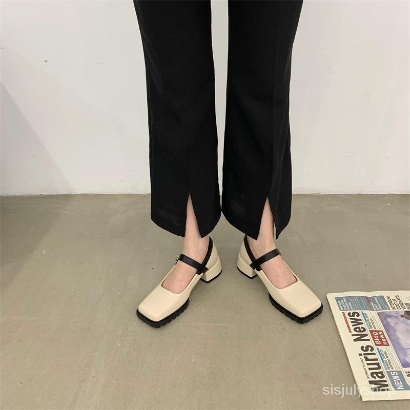#Sisjuly# Ladies French French retro square toe shoes baru lembut sebuah kata dengan sepatu tunggal