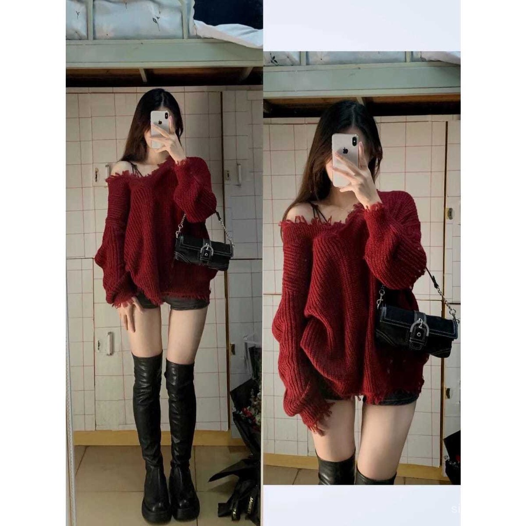 #Sisjuly# Sweater Merah Natal Wanita Atasan Tunik V-Neck Pullover Longgar