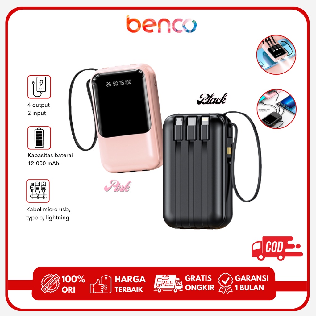 BENCO Powerbank 12000 mAh Quick Charge Fast Charge dengan 4 Kabel Data Micro USB Lightning Type-C dan Senter Power Bank Built in Cable LED Display Mini Size Android iOS Real Capacity